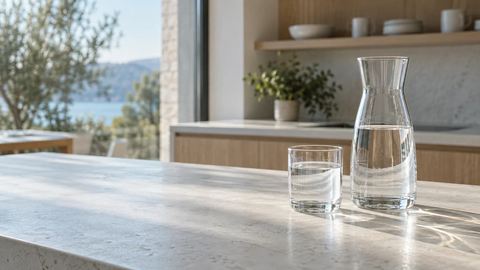 Symbolbild: Wasserglas und Karaffe im natürlichen Tageslicht